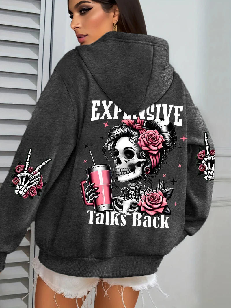 Women's "Expensive Talks Back" Printed Hoodie Sweater - Loose Fit
