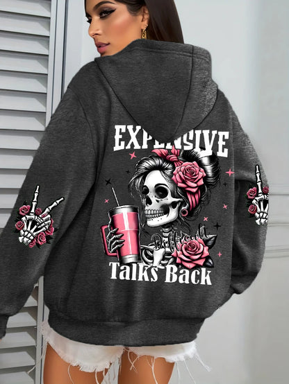 Women's "Expensive Talks Back" Printed Hoodie Sweater - Loose Fit