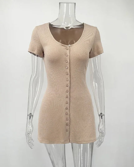 Elegant Knitted Mini Dress with V-Neck, Button Closure