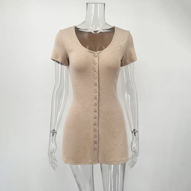 Elegant Knitted Mini Dress with V-Neck, Button Closure