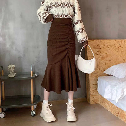 Women's Slim Fit High Waist Midi Skirt with Ruffles