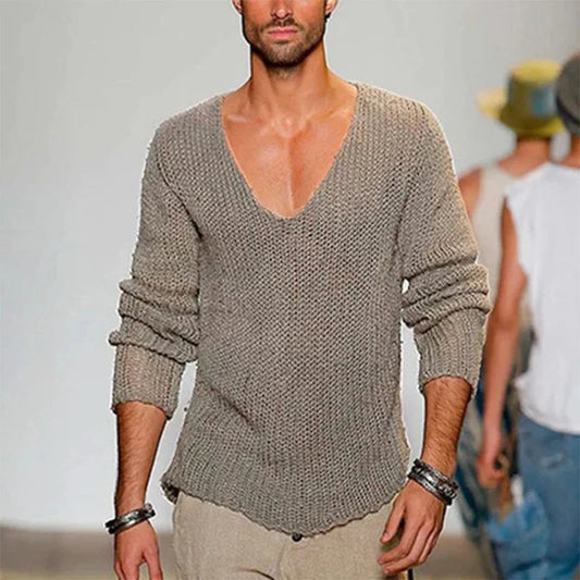 Men's Long Sleeve V-Neck Loose Knit Sweater