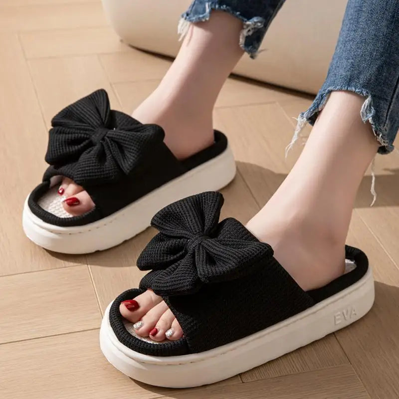 Women's Bowknot Slippers - Thick Sole, Non-Slip Indoor Shoes