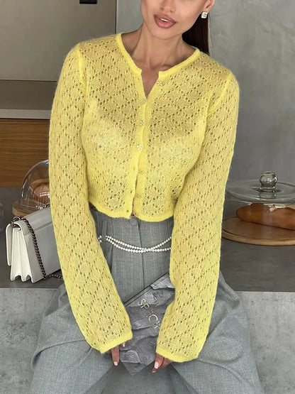 Women's Hollow Out Knit Cardigan - Long Sleeve Casual Cropped See-Through Knitwear