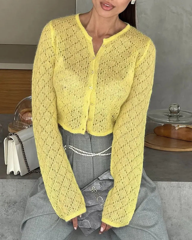 Women's Hollow Out Knit Cardigan - Long Sleeve Casual Cropped See-Through Knitwear