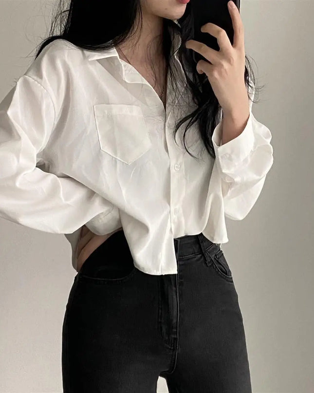 Women's Loose Fit Single-Breasted Solid Long-Sleeve Casual Shirt