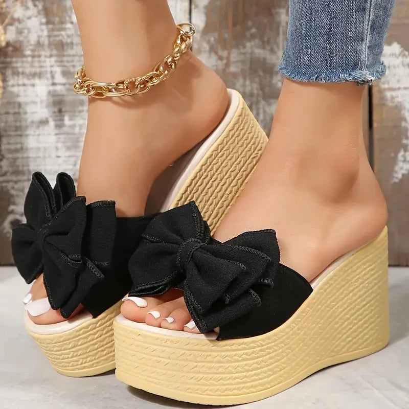 Women's 9cm Wedge Platform Heels with Fabric Bow – Elegant Slip-On Wedges for Women