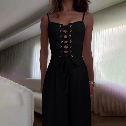 Women's Two-Piece Slim Fit Chic Sleeveless Bandage Tank Top & Wide-Leg Pants Se