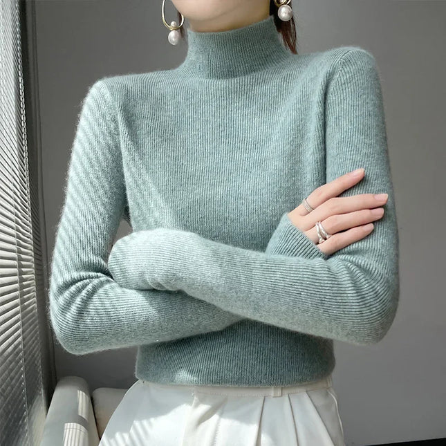 Ribbed Neck Sweater for Women - Fitted Knitted Pullovers