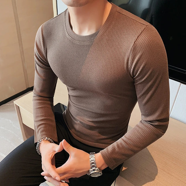 Slim Fit Striped Long Sleeve Sweater with Round Neck