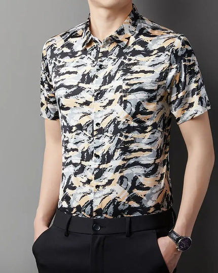 Men's Slim Fit Short Sleeve Floral Print Casual Button-Down Shirt