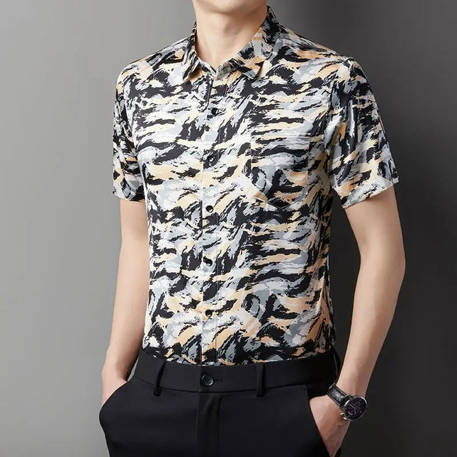 Men's Slim Fit Short Sleeve Floral Print Casual Button-Down Shirt
