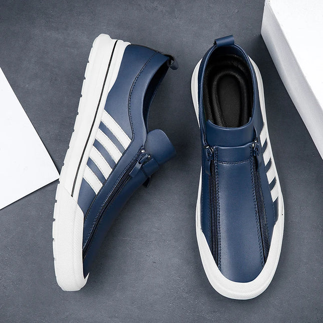 Men's Genuine Leather Zipper Flat Sneakers - Stylish Comfortable Casual Footwear