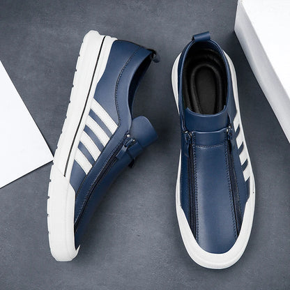 Men's Genuine Leather Zipper Flat Sneakers - Stylish Comfortable Casual Footwear