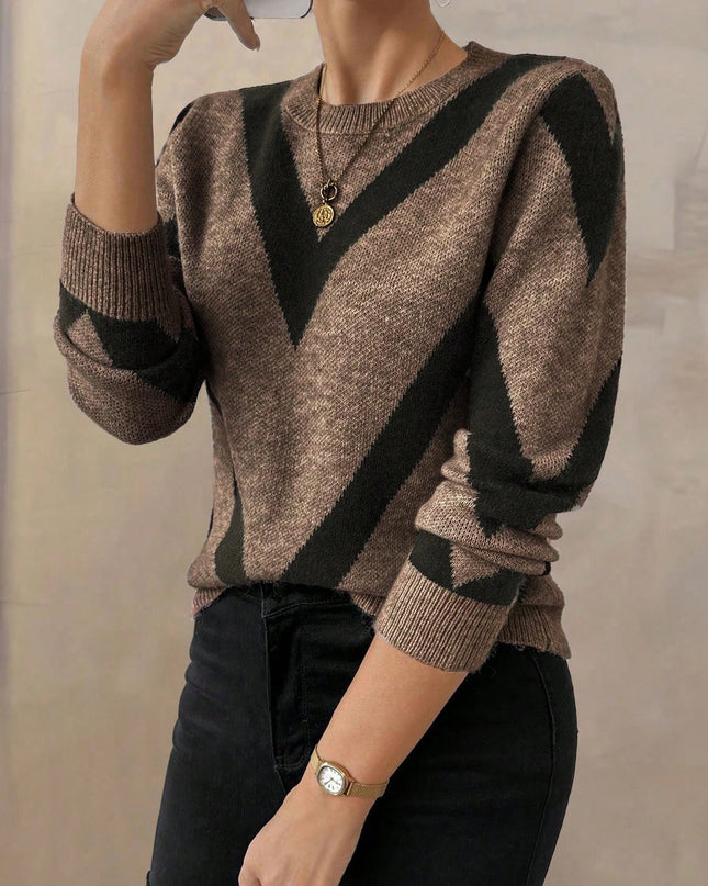 Women's Geometric Pattern Round Neck Long-Sleeved Knitted Sweater