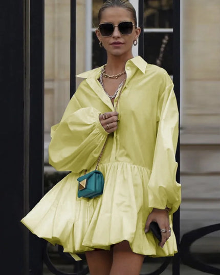 Women's Short Dress with Lapel Collar, Puff Long Sleeves, Split-Joint Pleated Shirt Dress