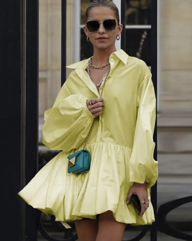 Women's Short Dress with Lapel Collar, Puff Long Sleeves, Split-Joint Pleated Shirt Dress