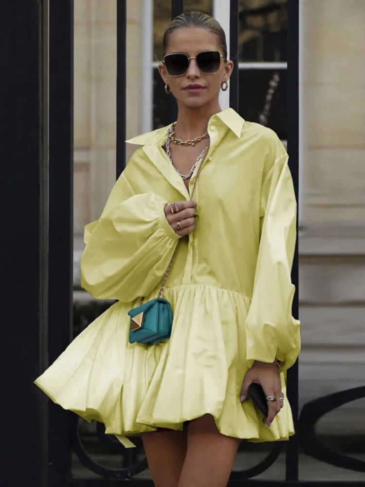 Women's Short Dress with Lapel Collar, Puff Long Sleeves, Split-Joint Pleated Shirt Dress