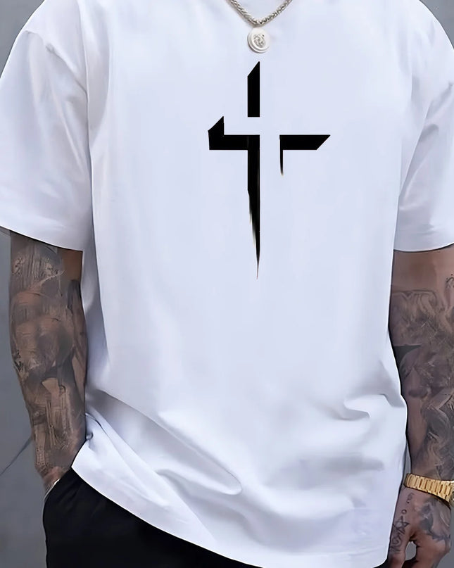 Men's 100% Cotton Casual Loose Fit Cross Print Round Neck T-Shirt