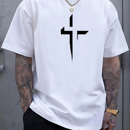 Men's 100% Cotton Casual Loose Fit Cross Print Round Neck T-Shirt