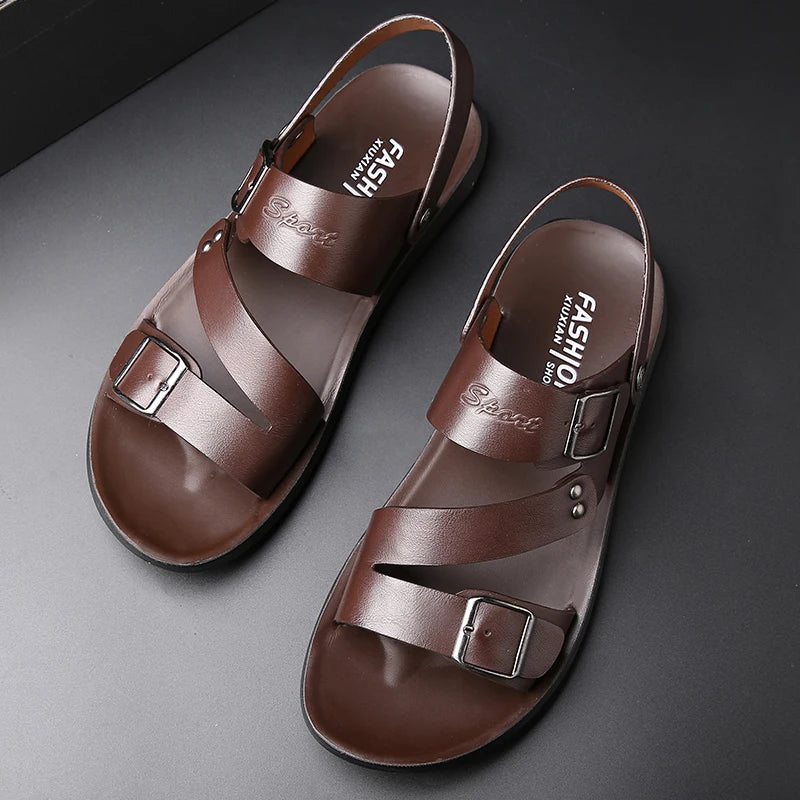 Men's Casual Faux Leather Sandals - Non-Slip, Breathable Roman Slippers