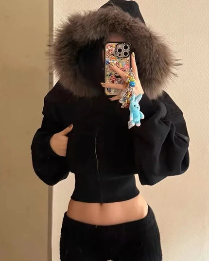 Women's Faux Fur Collar Cropped Zipper Hooded Jacket