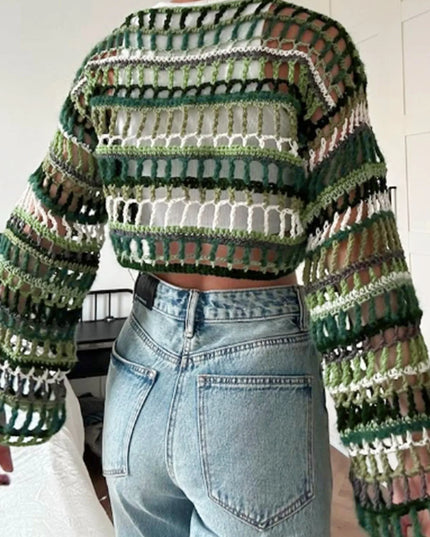 Hollow Long Sleeve Sweater for Women - Stylish Horizontal Striped Knit Top
