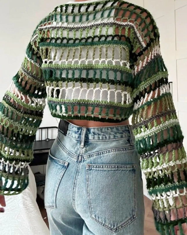 Hollow Long Sleeve Sweater for Women - Stylish Horizontal Striped Knit Top