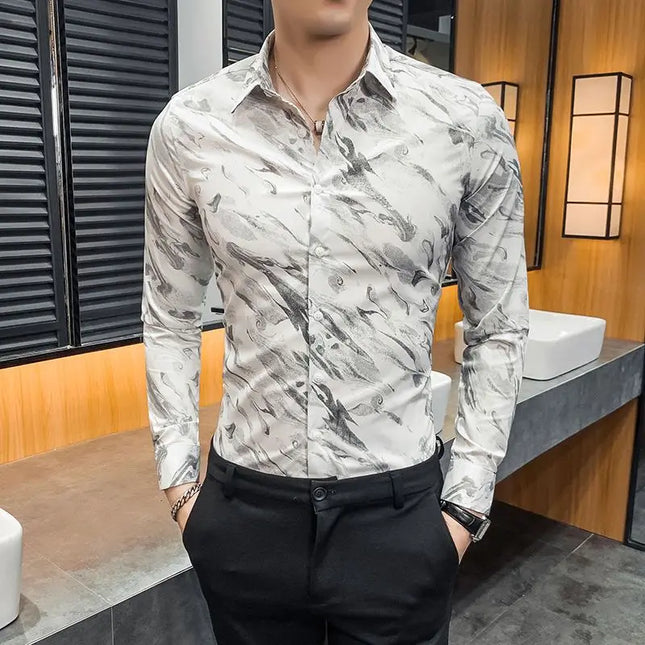 Men's Casual Slim Fit Shirt with Lapel Printing