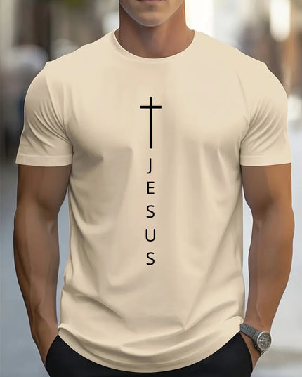 Men's 100% Cotton Casual T-Shirt with Large Cross and Jesus Letter Print
