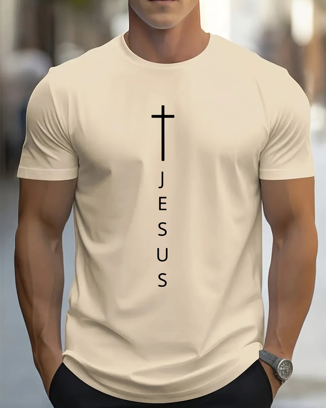 Men's 100% Cotton Casual T-Shirt with Large Cross and Jesus Letter Print