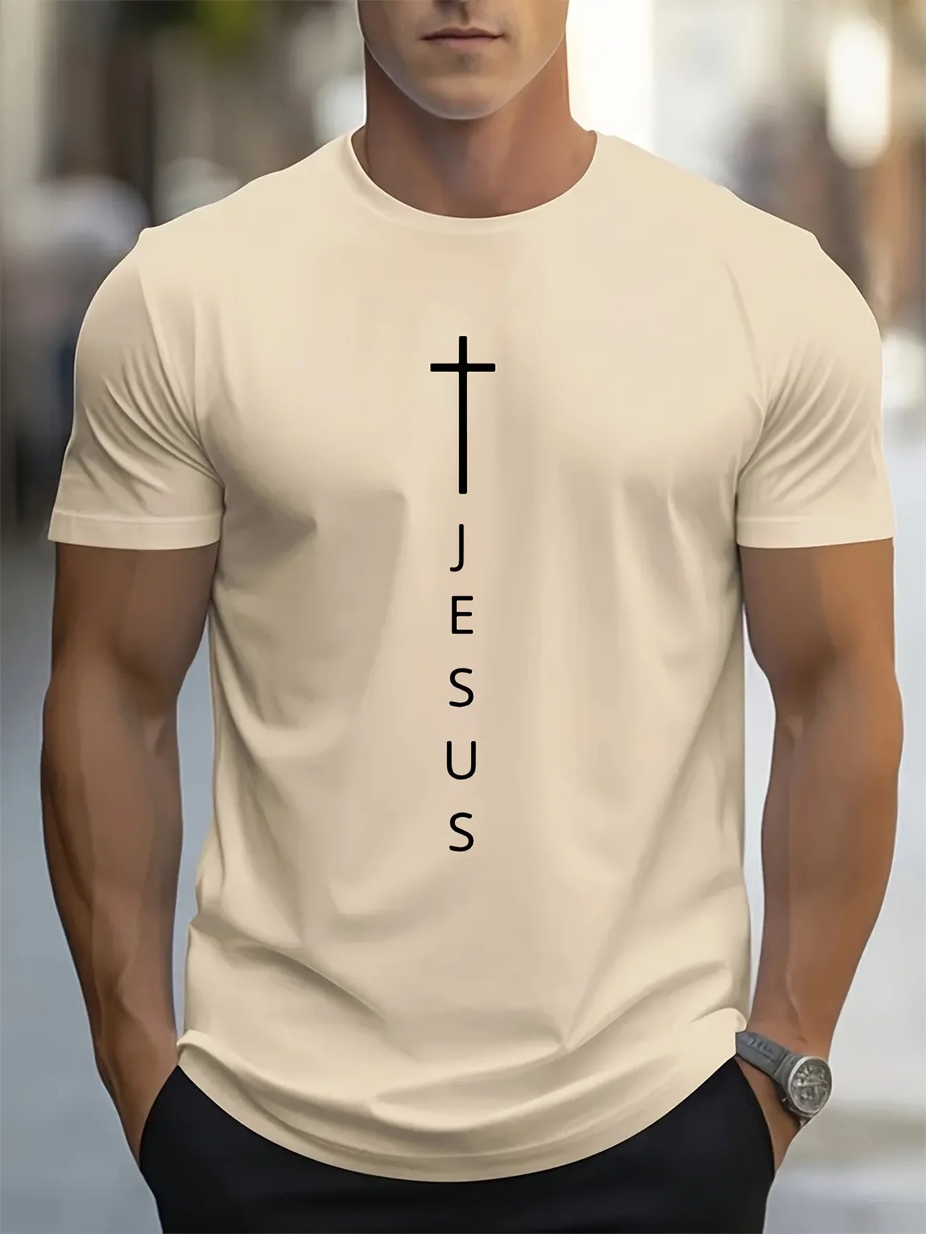 Men's 100% Cotton Casual T-Shirt with Large Cross and Jesus Letter Print