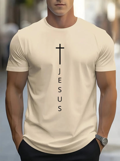 Men's 100% Cotton Casual T-Shirt with Large Cross and Jesus Letter Print