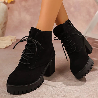 Women's Chunky Heel Ankle Boots with Platform Sole – Side Zip & Lace-Up Design