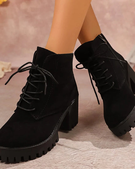 Women's Chunky Heel Ankle Boots with Platform Sole – Side Zip & Lace-Up Design