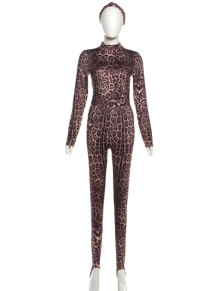 Women's Leopard Print 3-Piece Set with Slim Fit Leggings, Headband, and Crop Top