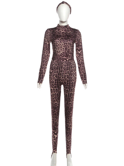 Women's Leopard Print 3-Piece Set with Slim Fit Leggings, Headband, and Crop Top