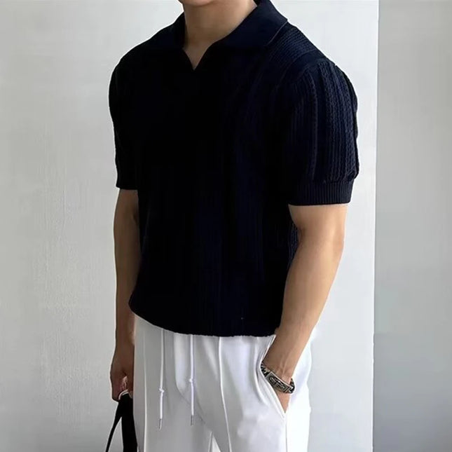 Men's Slim Fit Knitted Short Sleeve Mesh Polo Shirt with Lapel