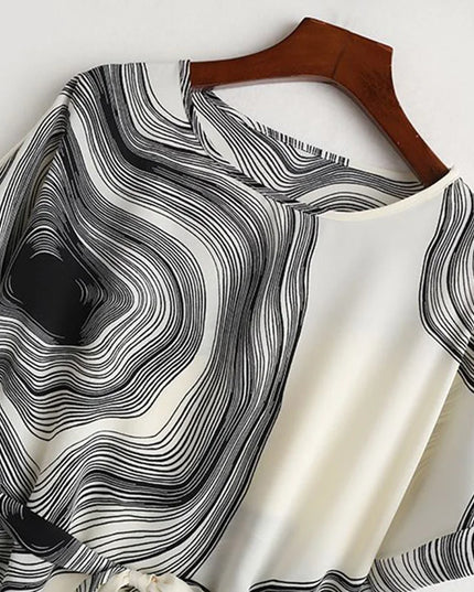 Vintage Chiffon Blouse for Women - Striped, Short Sleeve, Lace-Up
