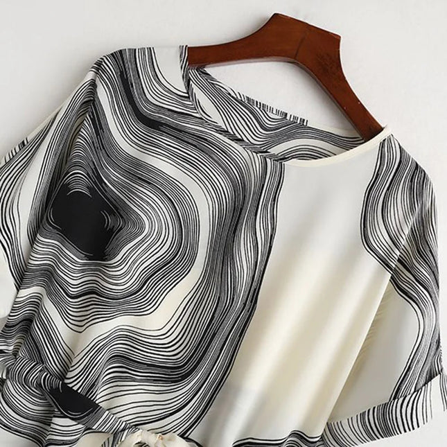 Vintage Chiffon Blouse for Women - Striped, Short Sleeve, Lace-Up