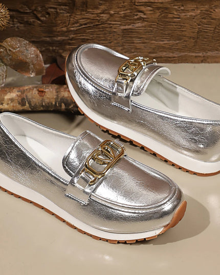 Metal Buckle Faux Leather Women's Flat Heel Shoes