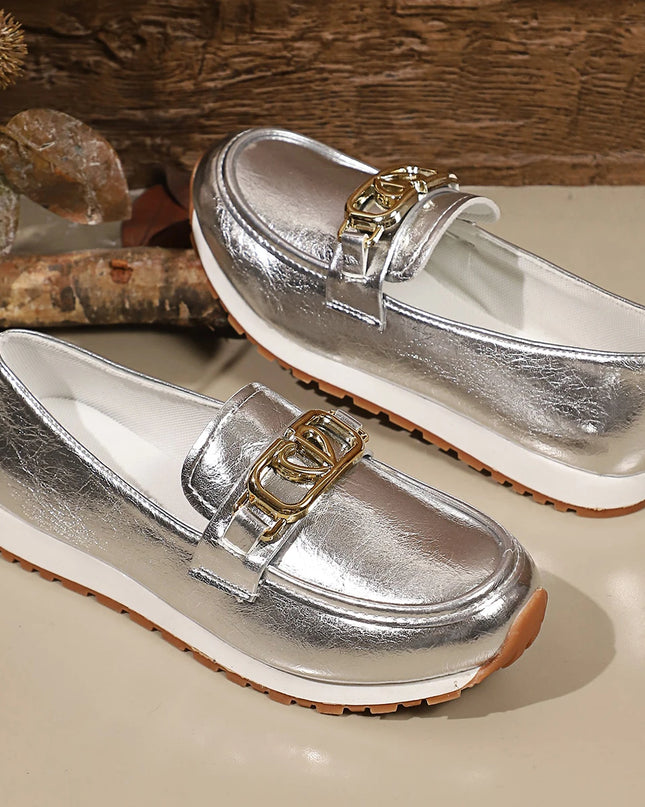 Metal Buckle Faux Leather Women's Flat Heel Shoes
