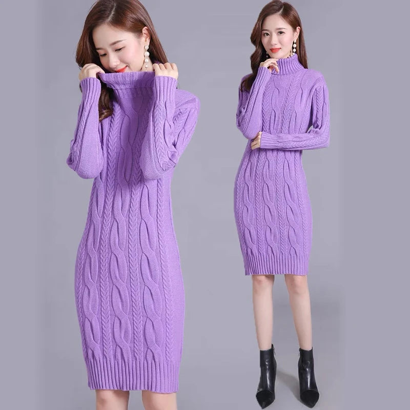 Women's Oversized Knitted Turtleneck Twist Sweater Dress