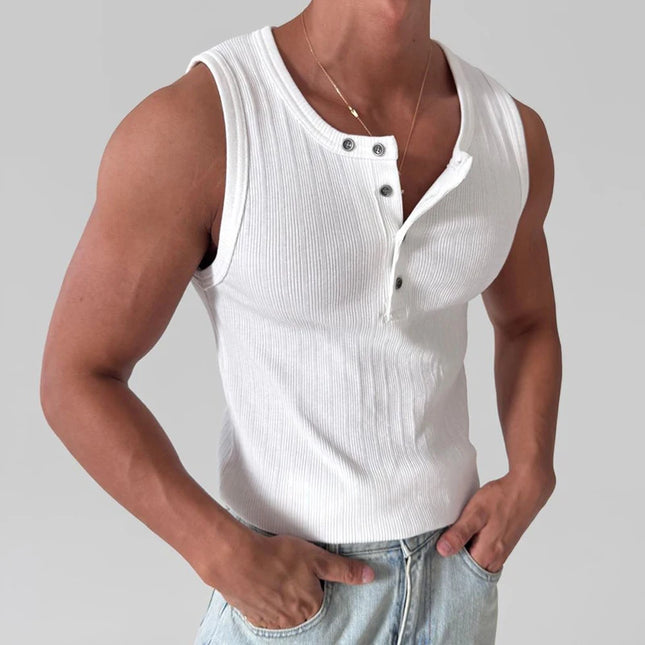 Men's Slim Fit Elastic Breathable Crew Neck Button Ribbed Vest
