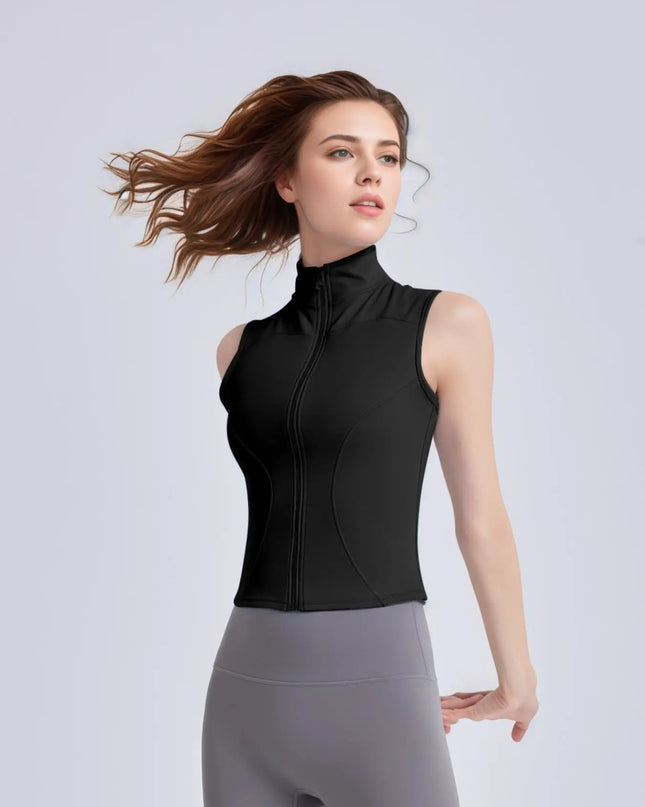 Women's Sleeveless Sports Vest with Thumb Hole Design and Zip-Up Closure