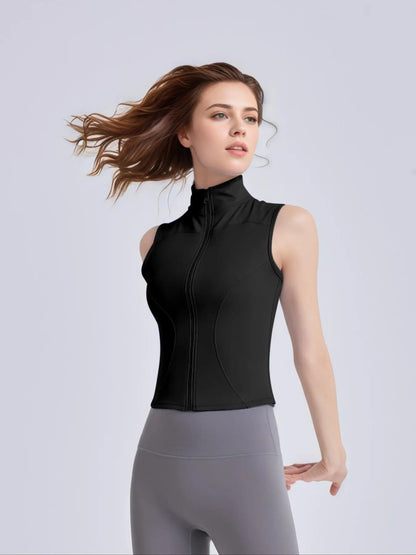 Women's Sleeveless Sports Vest with Thumb Hole Design and Zip-Up Closure