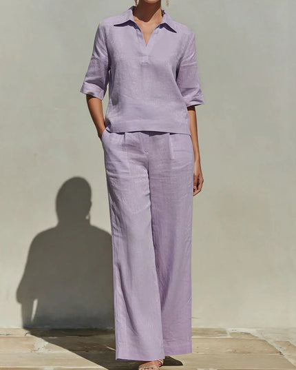 Women’s Two-Piece Set  V-Neck Short-Sleeve Sweater Top and High-Waisted Wide-Leg Pants
