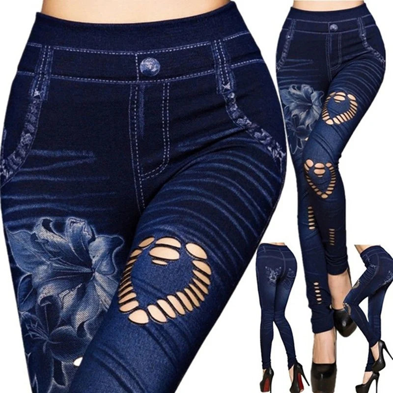 Women's High-Waisted Printed Skinny Denim Jeans - Ankle-Length Slim Fit
