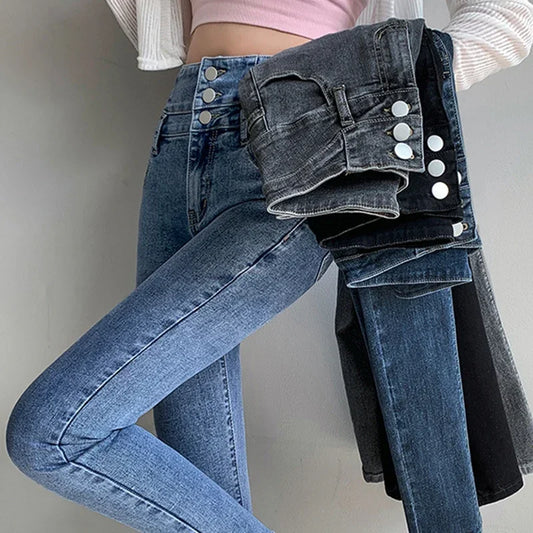 Women's High-Waisted Stretch Denim Pants with Multi-Button Closure
