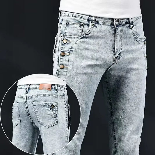 Men's Slim Fit Washed Stretch Denim Jeans with Multi-Button Decoration